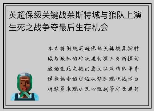 英超保级关键战莱斯特城与狼队上演生死之战争夺最后生存机会 英超保级关键战莱斯特城与狼队上演生死之战争夺最后生存机会